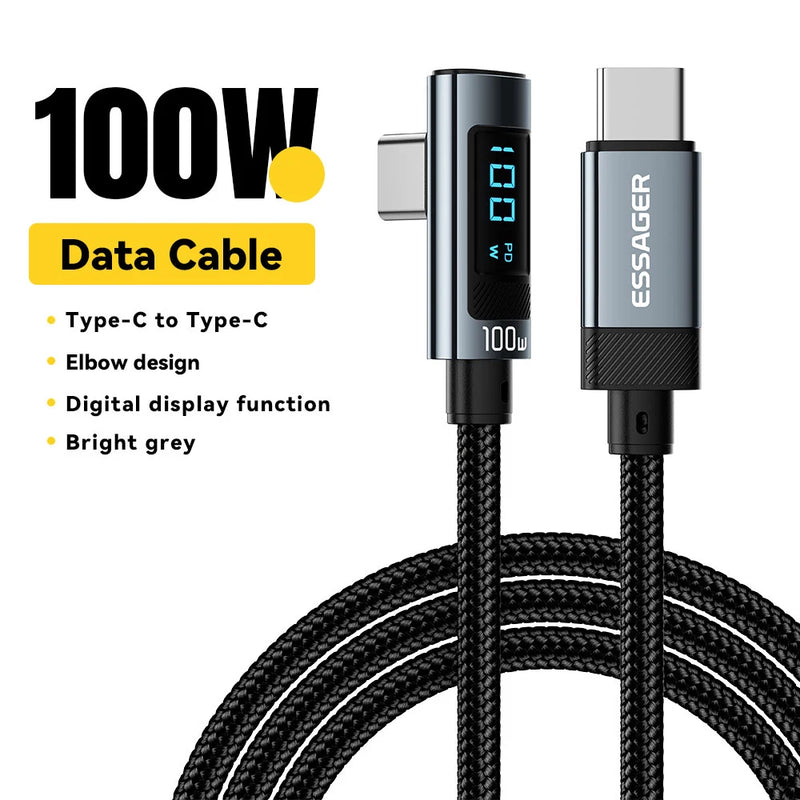 Essager PD100W USB Type C to USB C Cable 5A Fast Charging Cable 90 ° LED Digital Display Cable For Huawei Xiaomi Samsung MacBook