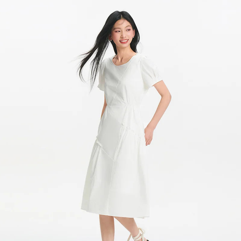 Semir Women Dress Irregular Spliced Ruffle Puff Sleeve Waist Trimming Stylish Midi 2026 Elegant Fashion Casual Daily Wear