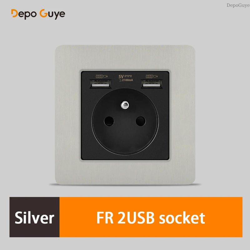 Retro EU French Standard Metal Double USB Wall Power Socket,Brushed Stainless Steel Antique Outlet with Type-c Usb Charing Port