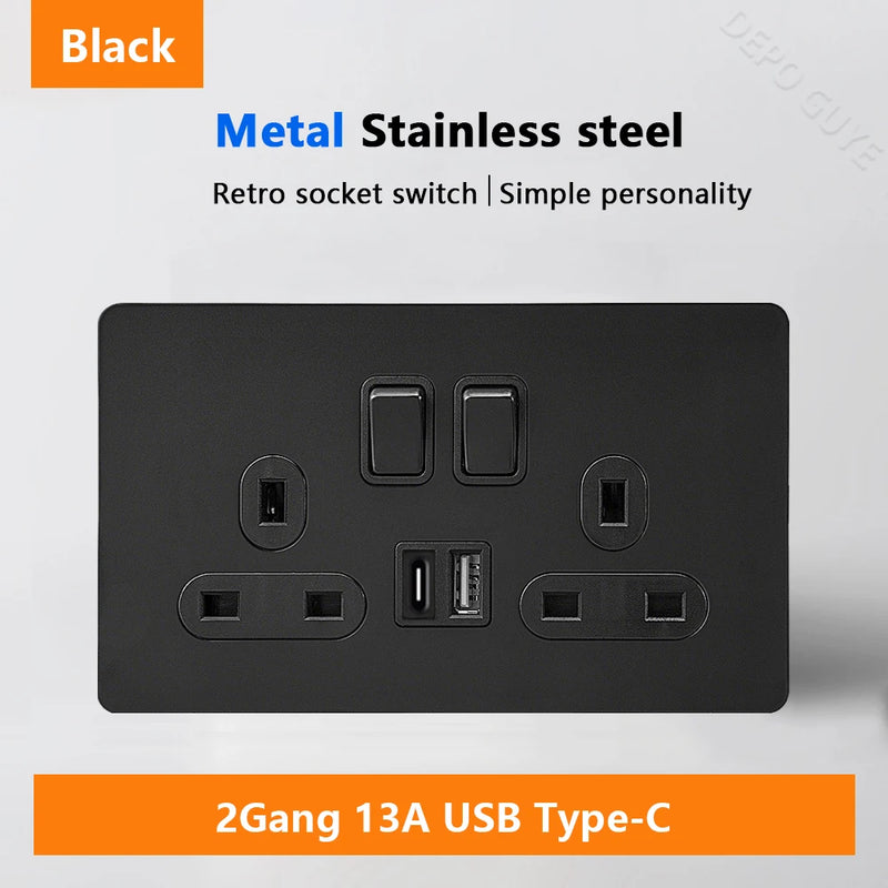 Black Retro Toggle Wall Light Switch Socket,Stainless Steel Universal UK Electrical Outlets with USB Type-C charging For Home