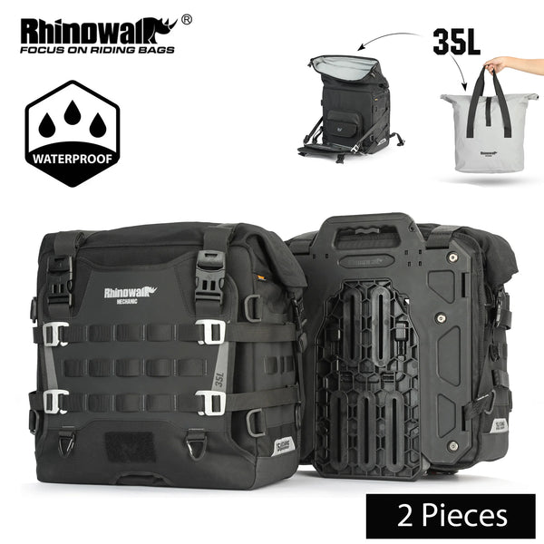 កាបូបចំហៀងម៉ូតូ Rhinowalk ចំនួន 2 ដុំ ធន់នឹងទឹក ទំហំ 35 លីត្រ កាបូបដាក់លើកែបរហ័ស ជាមួយនឹងបន្ទះទ្រទ្រង់ ប្រព័ន្ធ Molle ការពារការលួច