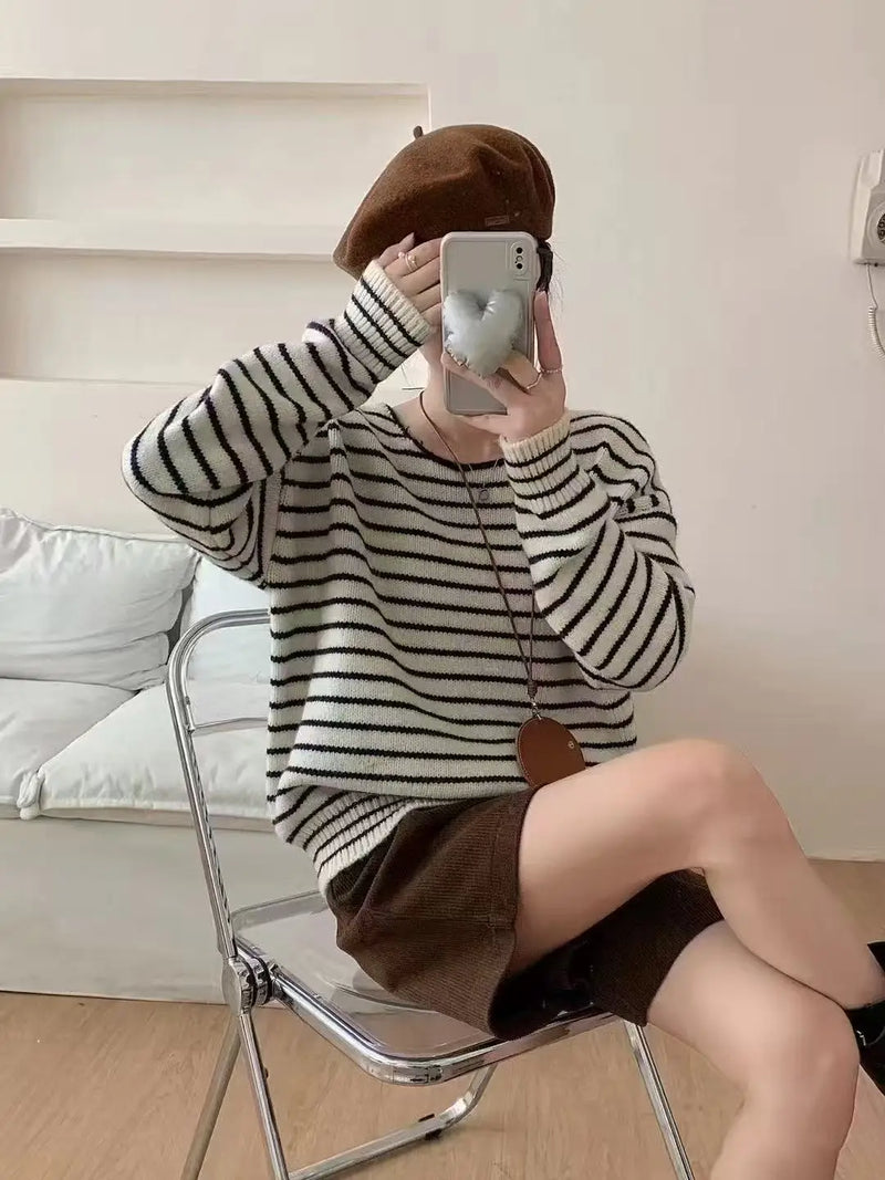 Fashion Striped Knitting Pullover Woman Clothes Round Neck Long Sleeve Knitwear Tops Spring Autumn Woolen Women's Sweater