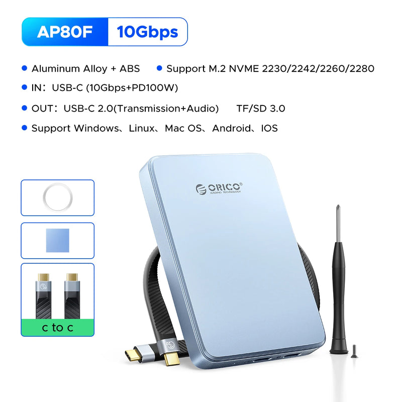 ORICO M.2 NVMe SSD Enclosure 2230-2280 MagSafe USB C 3.2 with TF/SD 3.0 Card Reader PD 100W for iPhone 16 17 Pro ProRes