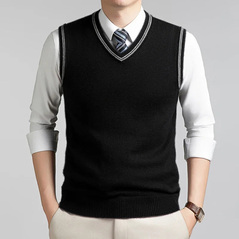 Mens Sleeveless V Neck Knit Sweater Vest Contrast Rib Edge Soft Elastic Knitwear Formal Office Layering Tank Top Fall