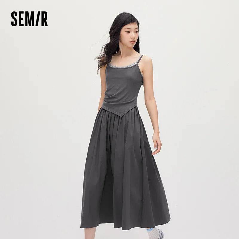 Women Dress Spliced Fake Two Piece Slim Fit Smart Casual Design Textured Maxi 2026 Summer Elegant Fashion Daily Wear Top
