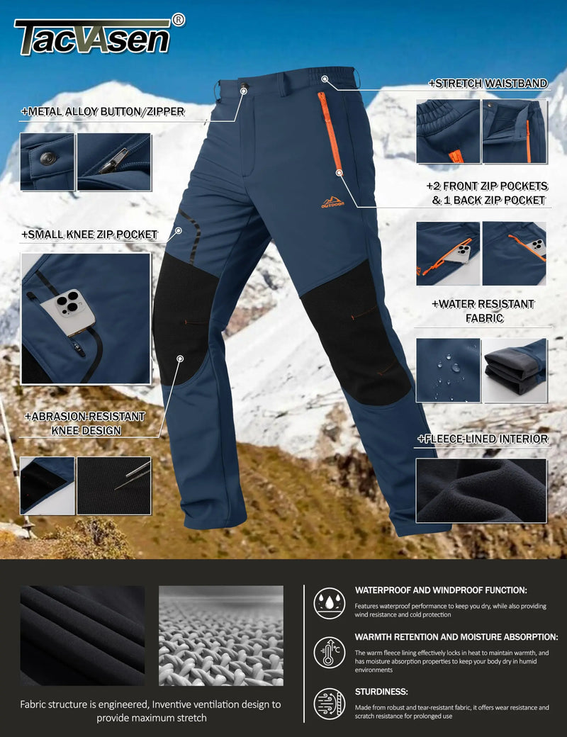 TACVASEN Men's Fleece Lined Softshell Hiking Pants  Winter Waterproof Trousers Outdoor Thermal Pants With Zip Pockets Warm