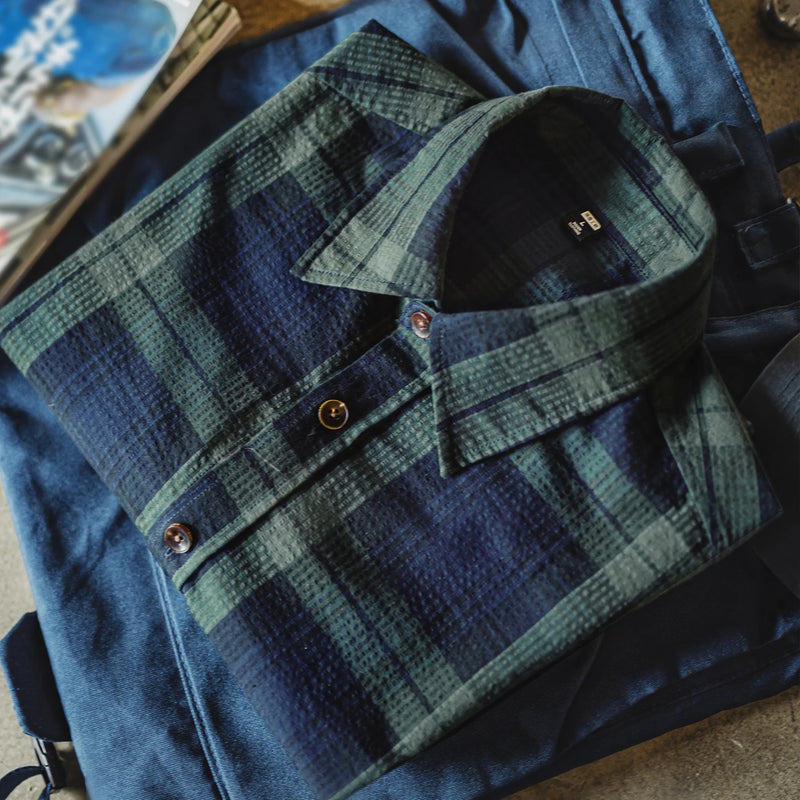 Maden Men's Vintage Blue-Green Plaid Shirt Cotton Long Sleeve Shirts Fish Embroidery Single-breasted Blouse  for Spring Fall