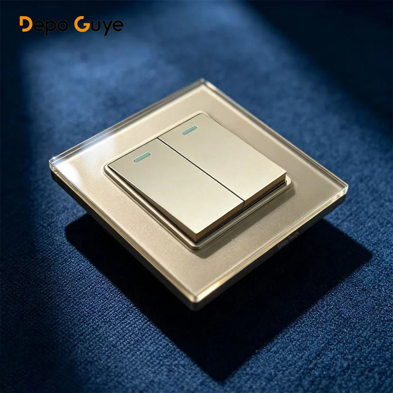 Gold UK 13A Tempered Glass Dual Socket,Universal Power Outlet With USB Type C 18W Quick Charge,Home Light Electric Switch Panel