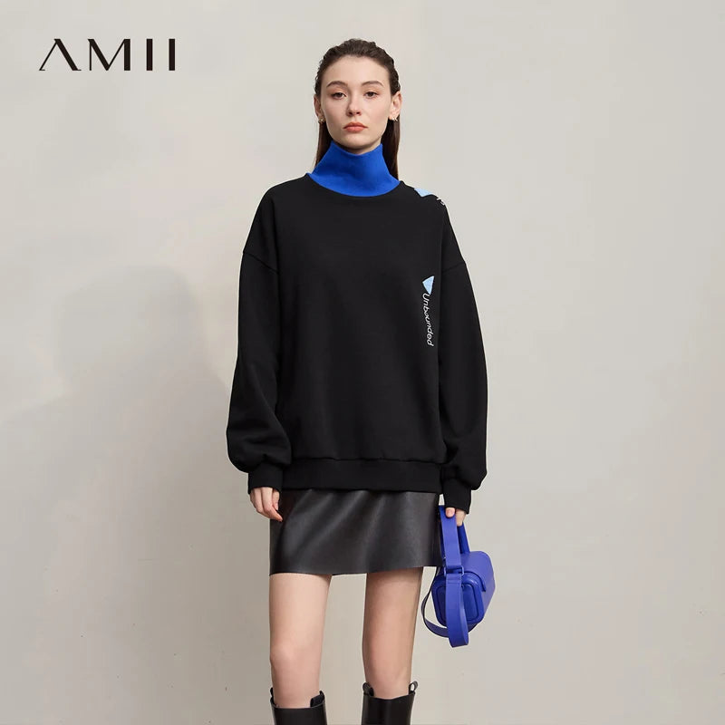 AMII Woman Sweatshirts 2026 Winter New Turtleneck Long Sleeve Female Sweatshirt Knitted Embroidery Versatile Top Women 12543177