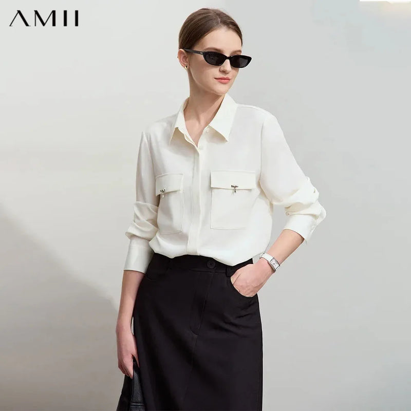 AMII Minimalist Chiffon Shirt Women 2026 Autumn New Temperament Gentle Lapel Bamboo Work Pocket Concealed Button Tops 12521032