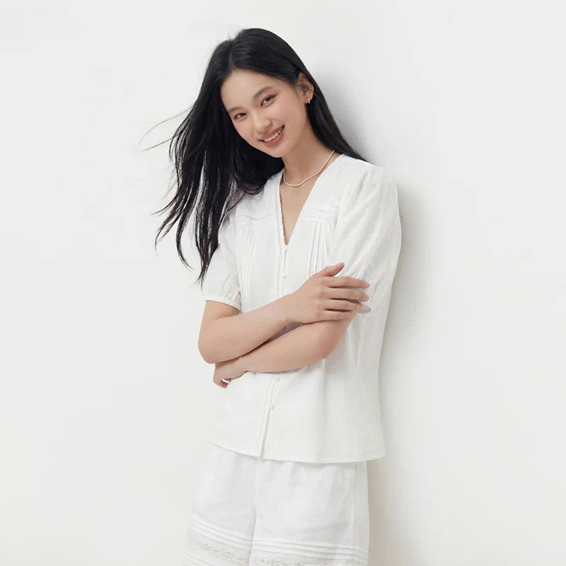 Semir Womens Shirt 2026 White Texture Puff Sleeve Ruffle V Neck Sweet Fashion Design Casual