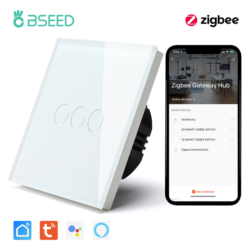 BSEED Zigbee Wall Switches Smart Touch Screen Light Switch 1/2/3Gang 1/2/3Way Google Alexa Tuya App Control No Neutral Line
