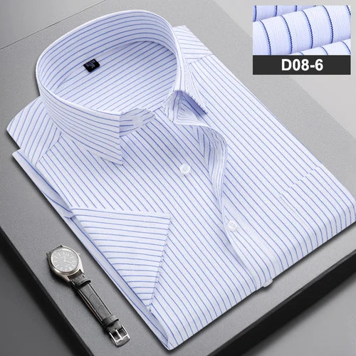 Summer Men's Vertical Striped Short-sleeved Cotton Shirt, Single-breasted Square Collar Shirts with A Pocket on The Left Chest