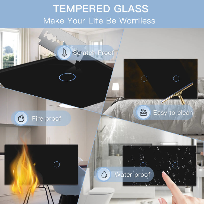 BSEED Double Light Switches Touch Sensor Wall Switch Glass 2Gang 1Way Switches Dark Blacklight White Black Golden 300W/Gang