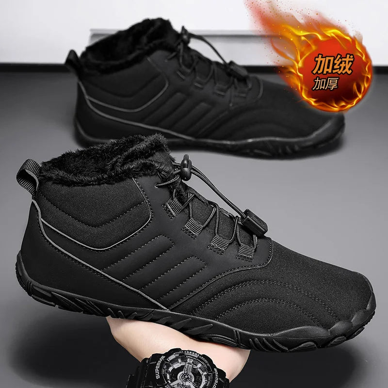Men Women Winter Barefoot Boots Warm Fleece Lined Wide Toe Box Non Slip Outdoor Snow Hiking Shoes Minimalist Quick Release Laces