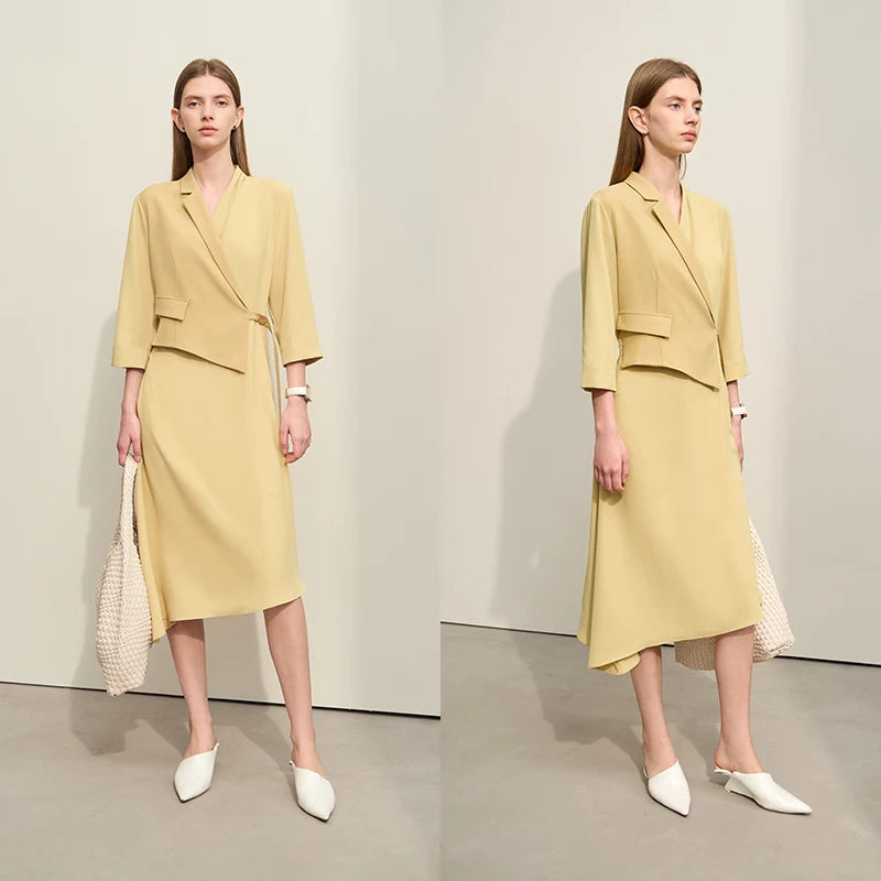 រ៉ូប Amii Minimalism Fake Two Pieces Spliced សម្រាប់ស្ត្រីឆ្នាំ ២០២៤ រដូវស្លឹកឈើជ្រុះថ្មី Midi Commuter រ៉ូបស្តើងដៃបីភាគបួន ១២៤២១០៦៩