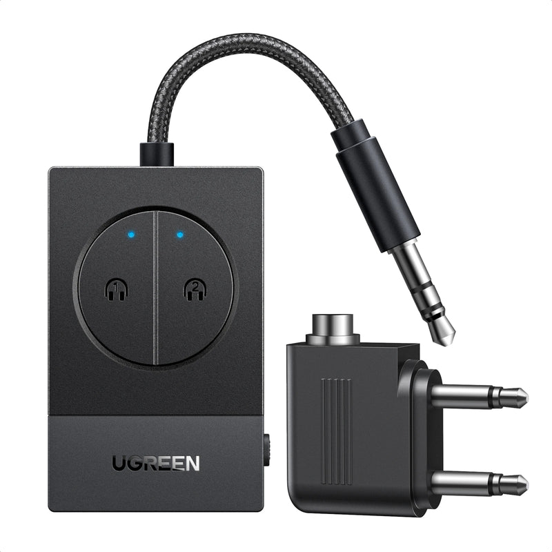 UGREEN Airplane Bluetooth Transmitter Supports 2 Devices,19Hr Playtime, 3.5mm AUX Wireless Audio BT5.4 Adapter for Travel Flight
