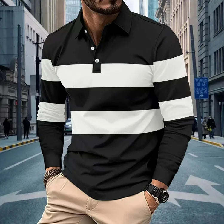 Long-Sleeve Polo Shirt Men's, Black White Stripe, Casual Spring Autumn, S-3XL