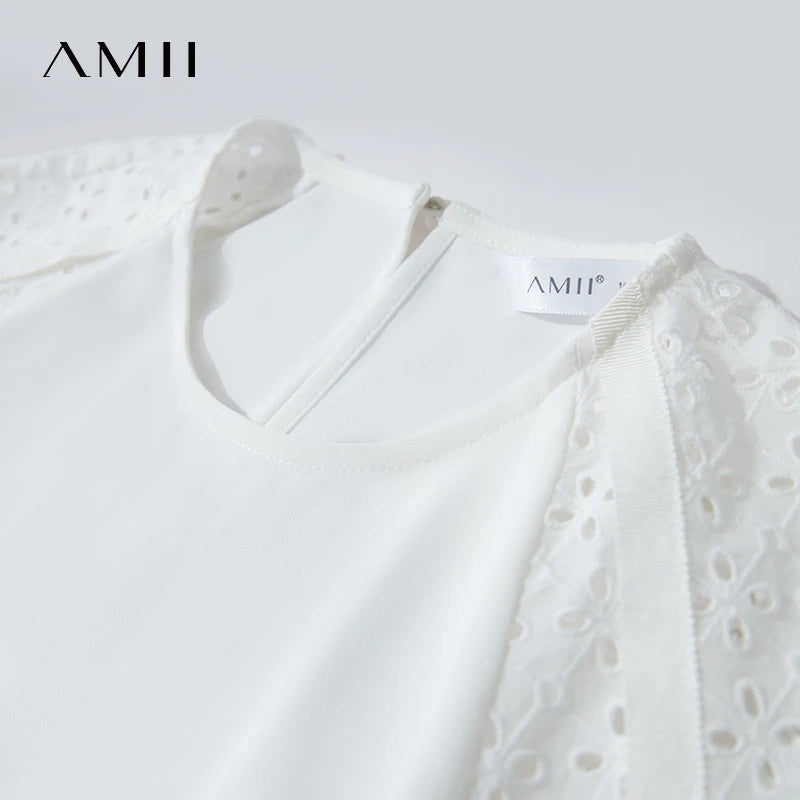 Amii Women's Tops 2026 Summer Chiffon Blouse Loose Raglan Sleeves O-Neck Hollow Texture Block Patchwork Female T-Shirts 12542031
