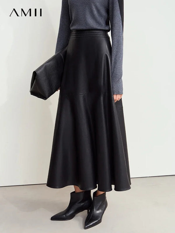 AMII សំពត់ស្បែក PU ស្រស់ស្អាត និងមិនប៉ះពាល់ដល់បរិស្ថាន រដូវរងាឆ្នាំ២០២៤ សំពត់រាងអក្សរ A ថ្មីសម្រាប់នារី 12444181