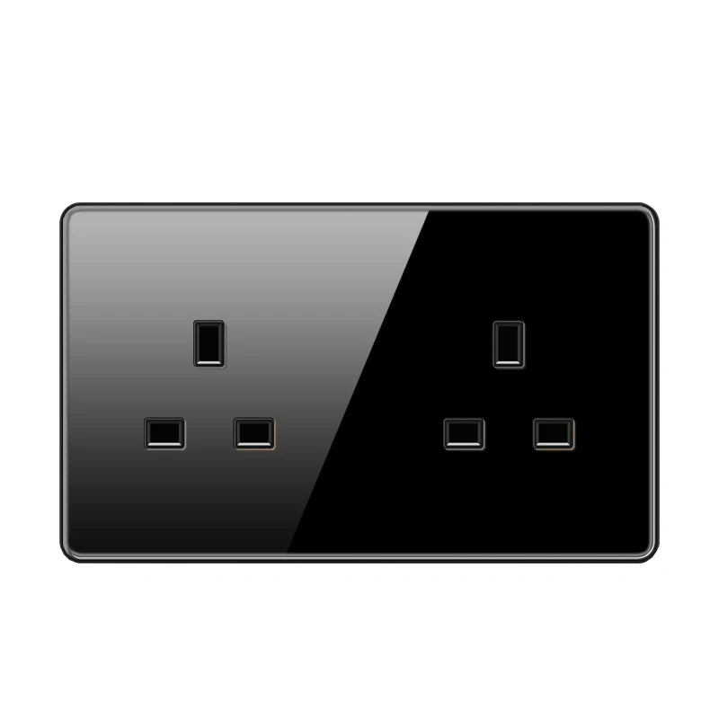 UK 13A Wall Tempered glass Socket Plug,British Standard Double 13A Wall Electrical Power Outlet Panel Black/White/Gray/Glod