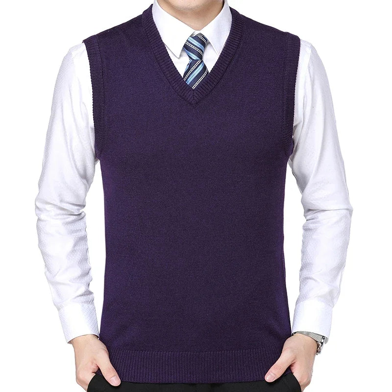 2026 Autumn Winter New Men's Solid Color V-neck Knitted Vest Casual Fashion Warm Sweater Versatile Top