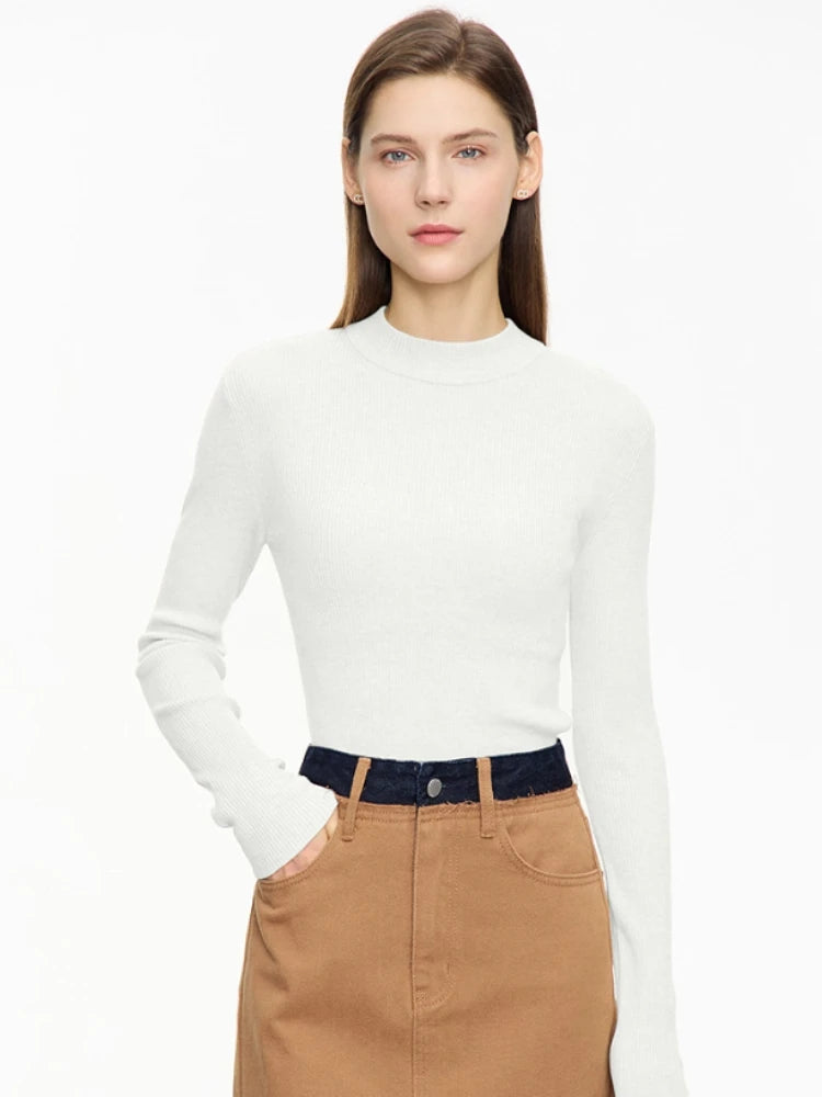 AMII Sweater for Women Minimalism Mock Neck 2026 Autumn New Slim Office Lady Knitted Tops Female Long Sleeve Pullovers 12313001