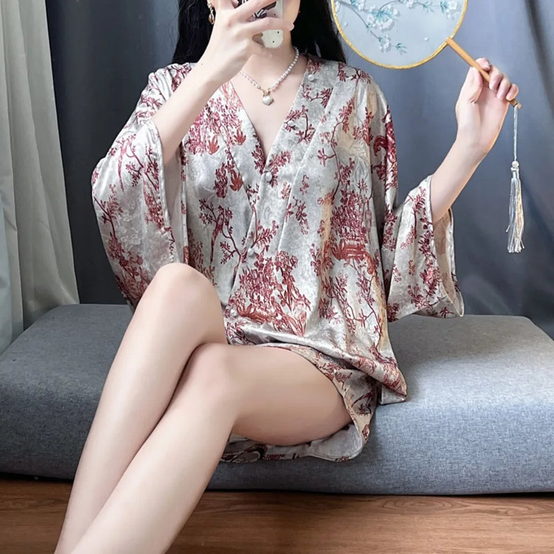 Retro Floral Home Suit For Women Nightwear Nighty Summer Soft Two-Piece Sleepwear Women's Pajamas with Pants Pyjama Set Pijama