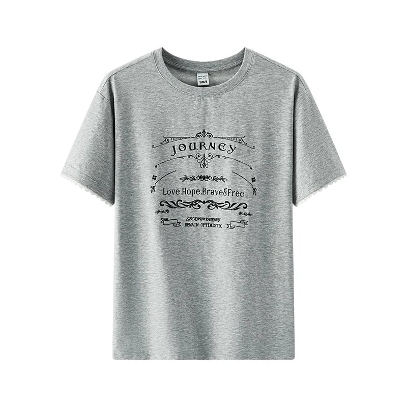 Semir Womens Tshirt 2026 Letter Printed Loose Lace Hem Fashion Trendy Casual Soft Daily