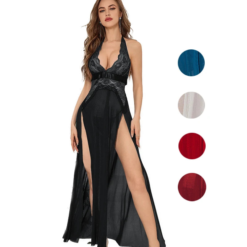 Sexy Sleepwear Lace Mesh Slit Night Dress Backless Strap Long Skirt Women Nightgowns Sexy Lingerie Women's Pajamas Long Dress