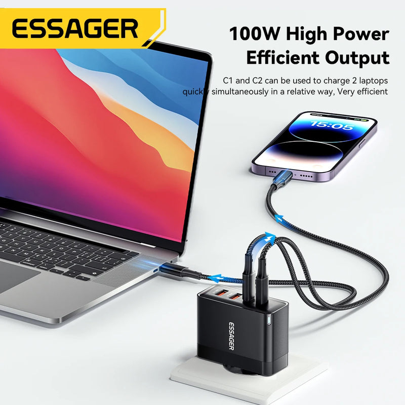 ឆ្នាំងសាក Essager 100W USB Type C ឆ្នាំងសាក 65W PD Quick Charge 4.0 3.0 Type-C សាកលឿនសម្រាប់ iPhone 16 15 14 13 Pro Xiaomi Macbook Laptop