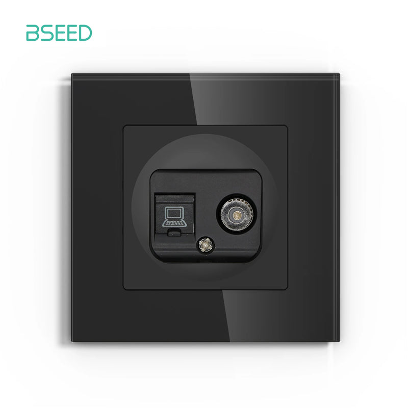 BSEED TV Port RJ45 Internet Plug Wall Power Socket Satellite Outlet Glass Frame Black Color for TV Telphone Computer