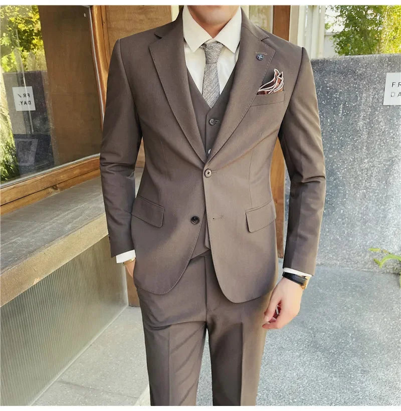 Men's Classic Solid Color Suit Set (Jacket, Vest & Pants) - Durable Anti-Crease Fabric Two-Button Blazer Wedding & Office Wear