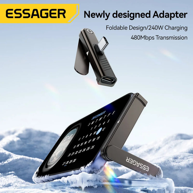 អាដាប់ទ័រសាកថ្មលឿន Essager 240W 2-in-1 ជាមួយជើងទម្របត់បាន Type-C បុរសទៅ Type-C ស្ត្រីសម្រាប់ iPhone 17 16 15 Pro