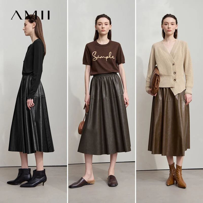 AMII Minimalist Woman Black Midi Skirt 2026 Autumn Vintage Loose Luxury Party PU Leather Skirts Casual A Line Skirts 12543028
