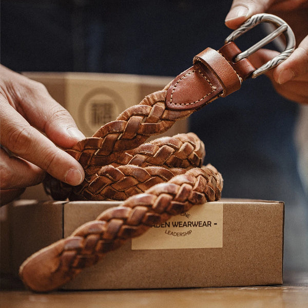 ខ្សែក្រវាត់ Maden Vintage Woven Vegetable Tanned Cowhide Leather Belt Accessories with two layer cowhide for Men's Versatile Brown Belt
