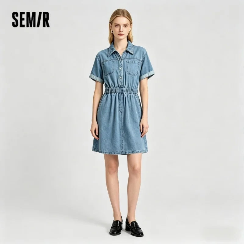 Semir Women Denim Dress Waist Trimming Lapel Cargo Style Slim Vintage Mini 2026 Chic Fashion Casual Daily Wear