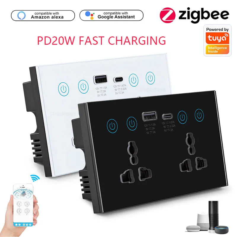 Tuya WIFI Smart Control Dual Wall  Power Socket Universal Electrical Plug Outlet with USB Type-C Touch Switch Alexa Google Voice