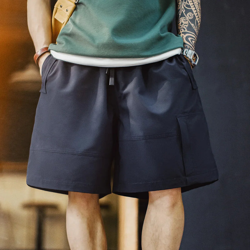 Maden Men's Outdoor Casual Cargo Shorts Elastic Waist Drawstring Shorts with Reflective Strip and Multiple Pockets Loose Bottoms