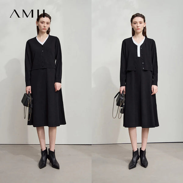 AMII Dress Ladies 2026 Autumn New Woman Clothing V-neck Fake Two-piece Knitted A-line Casual Elegant Dresses For Woman 12543051