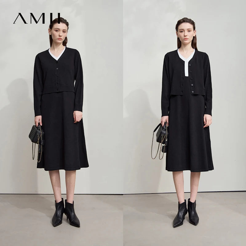 AMII Dress Ladies 2026 Autumn New Woman Clothing V-neck Fake Two-piece Knitted A-line Casual Elegant Dresses For Woman 12543051