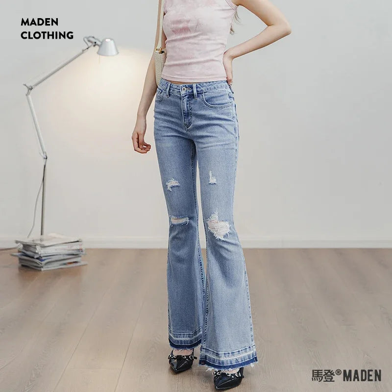 ខោខូវប៊យ Maden Vintage 9oz ពណ៌ខៀវស្រាលរហែកសម្រាប់ខោពណ៌ខៀវស្លីមសម្រាប់នារី ស្លៀកតាមដងផ្លូវ ខោខូវប៊យ Denim រហែក