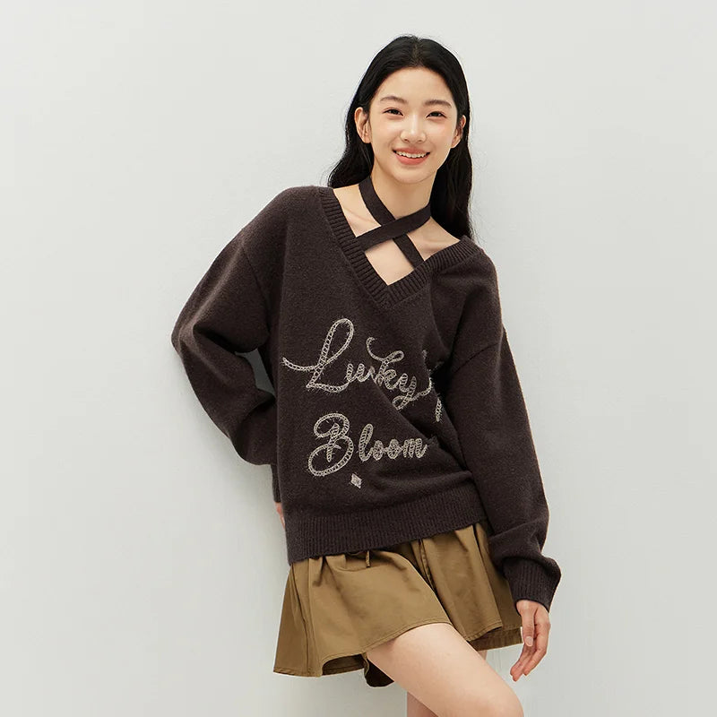 Semir Elegant Sweater Knit Women VNeck Halter Loose Fit Embroidered Bow Sweet 2025 Winter Soft Comfortable Stylish Top