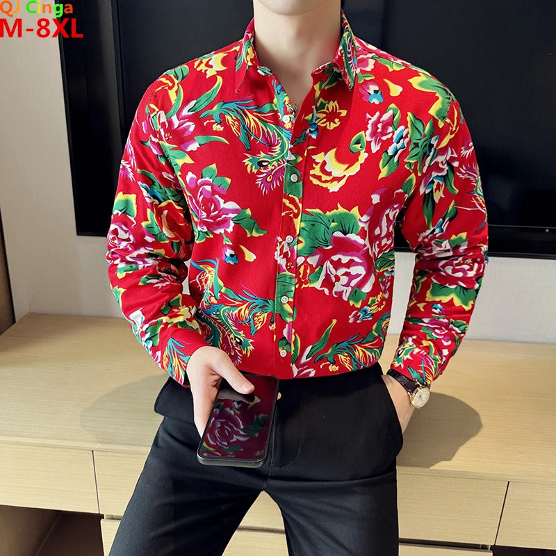 2026 Men's Red Printed Long Sleeve Shirts, Single-Breasted Square Collar Shirt, Chinese Nostalgia Style Tops Camisa Male Chemise