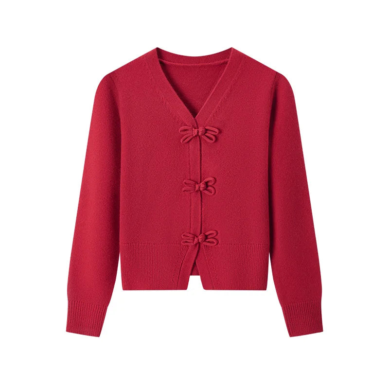 Semir Women Cardigan Bow Toggle V Neck Soft Knit Slim Fit Cropped Sweater 2026 Vintage Everyday Layering Knitwear Top
