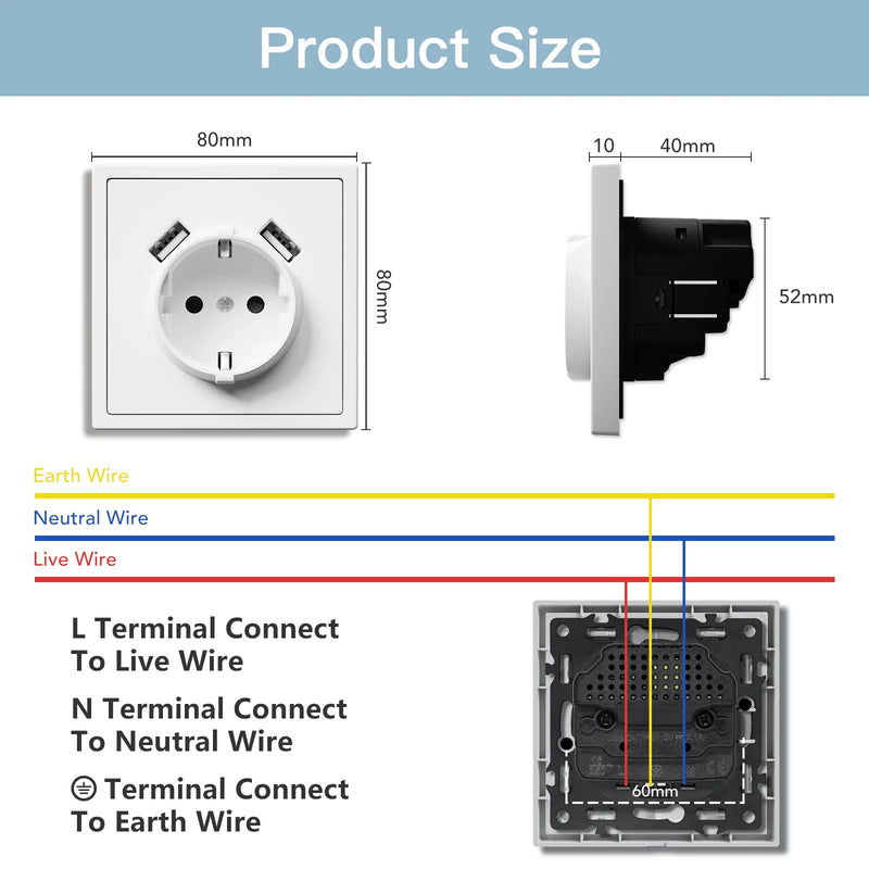 BSEED EU Standard Single Wall Socket Double USB Charge Port Wall Power Outlets Electric Plugs White Black Plastic Frame 16A