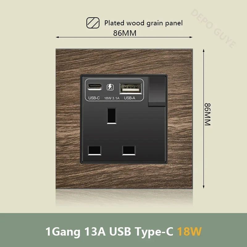 UK 18W Type-C Quick charge Dual Power Outlet,Universal Retro Wood Grain Electrical USB Socket,220V Electrical  Wall Light Switch