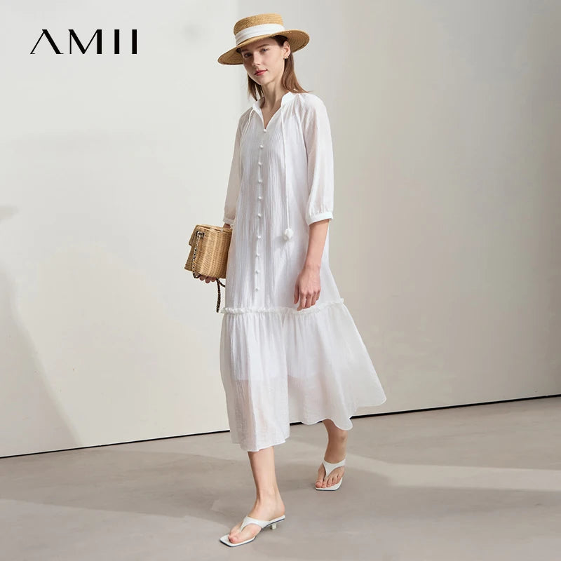 រ៉ូបការិយាល័យ AMII Minimalist សម្រាប់ស្ត្រីឆ្នាំ ២០២៦ រដូវក្តៅថ្មីដៃខ្លីក V រ៉ូបរឹងជ្រួញសម្រាប់ស្ត្រី ១២៥៤២១០៥