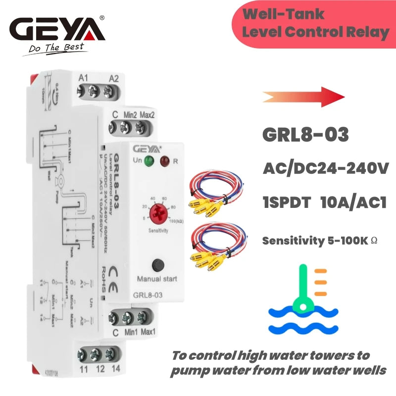 GEYA GRL8 Liquid Level Control Relay Electronic Liquid Level Controller 10A  AC/DC24V-240V Water Level Relay