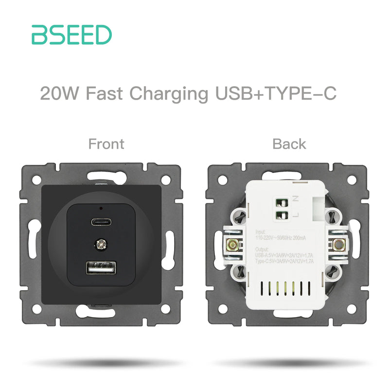 BSEED EU Standard Button Light Switch 1/2Gang 1/2Way Wall Socket USB Type-C DIY Function Parts Glass Panel Free Combination